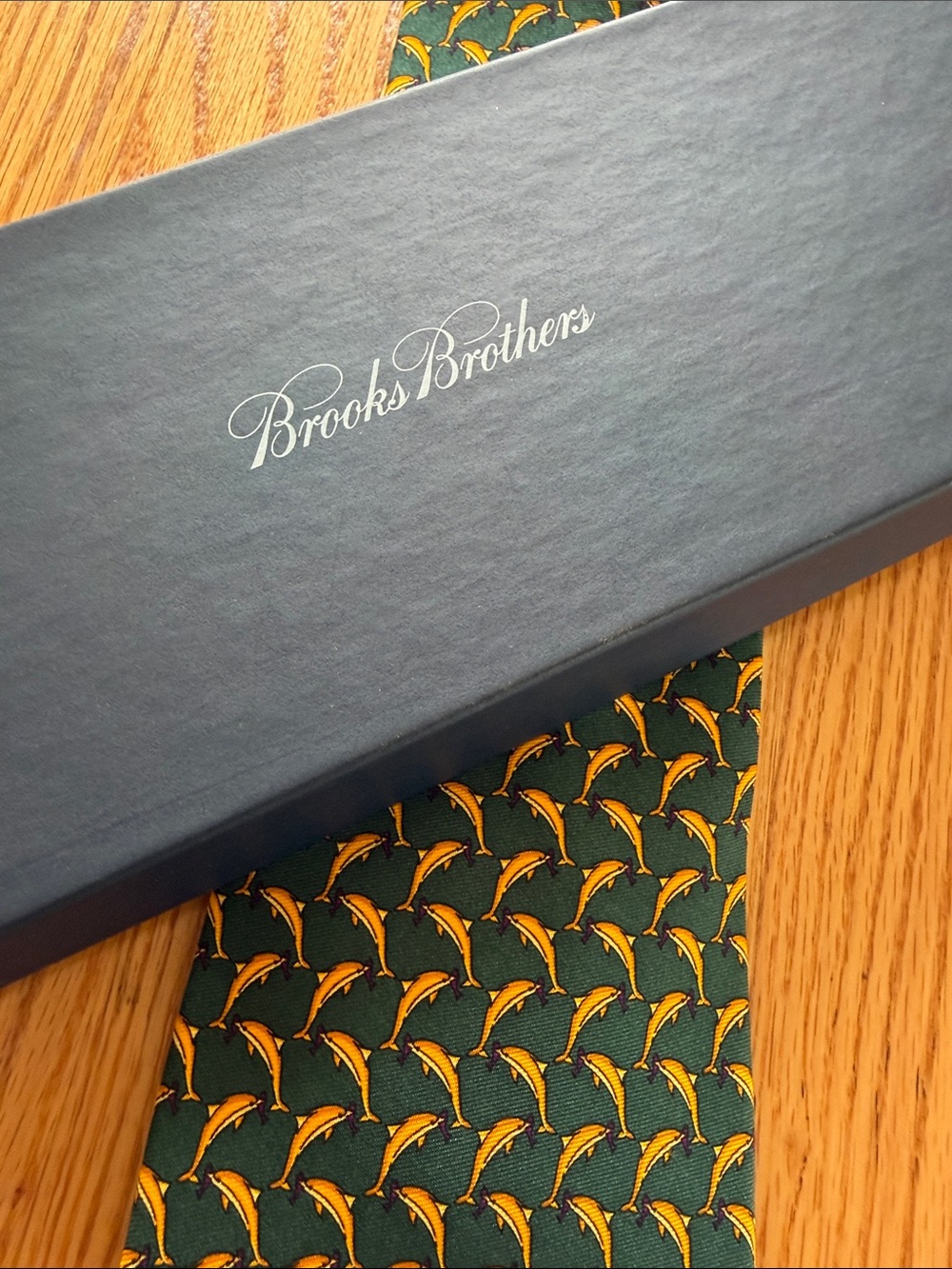Brooks Brothers Green Tie with Yellow Dolphin Motif